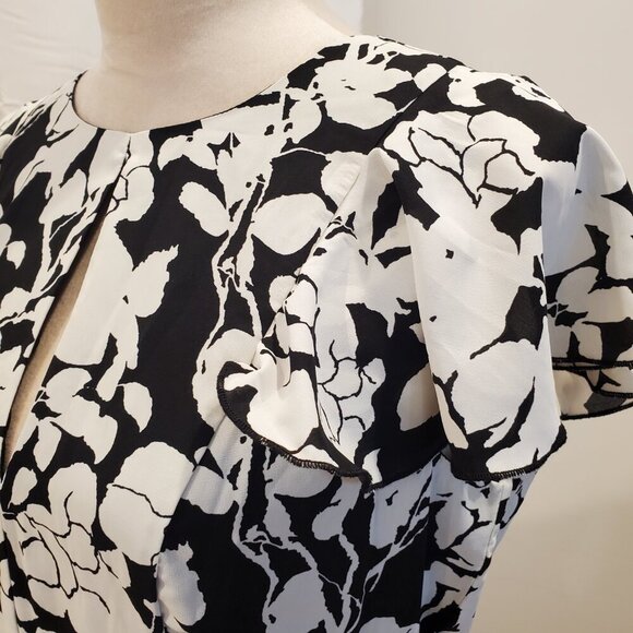 NWT SAM EDELMAN SZ 8 Black&White Floral Silhouette Asymmetrical Ruffle Hem Dress - Picture 4 of 14